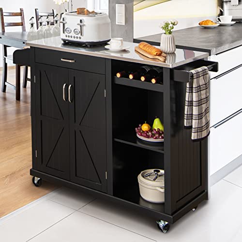 Giantex Kitchen Island Cart On Wheels, Rolling Kitchen Cart W/Stainless Steel Top, 2-Door Cabinet, Drawer, Wine Rack, Spice Rack, Storage Shelf, Large Mobile Kitchen Table For Home Coffee Bar #TOP2