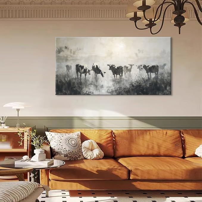 Miniatura 3 de LASMOND Arte de pared de vaca en blanco y negro para sala de estar, lienzo lavado de tinta, impresiones de ganado matutino, obra de arte vintage de