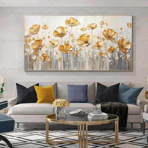 Toile fleurs jaunes avec cadre pour habiller un grand mur vide de salon