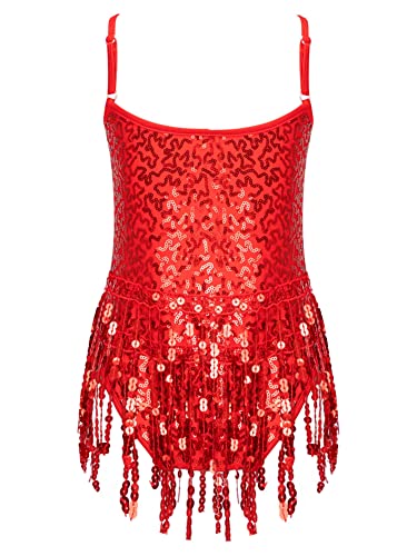 Chictry Girls Sequins Tassel Hem Latin Dance Dress Leotard Rumba Samba Salsa Jazz Dance Dresses Dancewear Costumes Red 14 Years #TOP1