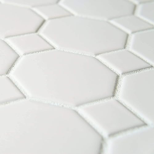 Vista 3 de Tenedos Mosaico de porcelana octágono blanco mate con puntos para piso y pared, baño y cocina (20 hojas/caja) (puntos blancos)