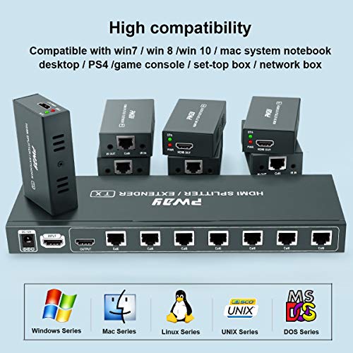 1080P 1X7 7 Port Hdmi Extender Splitter Over Cat6/Cat6A/Cat7 Ethernet Cable With An Hdmi Loop Out & Bi-Directional Ir Remote Control &Edid Management(1 In 7 Out) –Up To 50M (165Ft) At 1080P 60Hz #TOP4