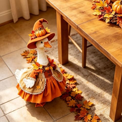 23 Inch Thanksgiving Porch Goose Outfit Fall Harvest Yard Outdoor Costume | Fall Pumpkin Print Lace Trim Fits 23 Inch Porch Goose Thanksgiving Autumn Decor Washable Polyester Outdoor Costume — view 4