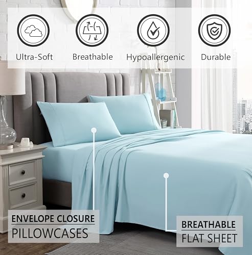 American Home Collection 4 Piece Full Size Bedding Sheets and Pillowcases Set - Ultra Soft Microfiber - Breathable, Wrinkle Free, Easy Care, Durable, Oeko-Tex Certified Sheet Set (Full, Light Blue)