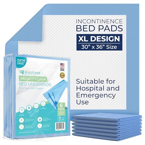 Image of Breatheze Incontinence Bed Pads – Extra Large Disposable Underpads for Adults, Elderly, Kids, and Pets – Heavy Duty Absorbent Padding, Waterproof Under Pee Protector Pad with 375 LB Capacity - 6 Pack