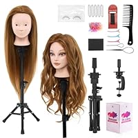 Mannequin Head 80% Human Hair with Tripod Stand, 28 Inch Makeup Cosmetology Manikin Head Braiding Mannequin Head with stand, Hairdressing Training Practice Doll Head for Hair Styling with Table Clamp