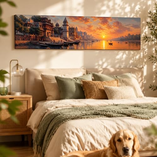 Image of Varanasi Ghats Sunset Stretched Canvas Wall Art Painting for Living Room, Abstract Spiritual Ganga Banaras Cityscape Canvas Wall Decor For Livingroom, Bedroom, Office, Hallway's, Hotel 12x46 Inch