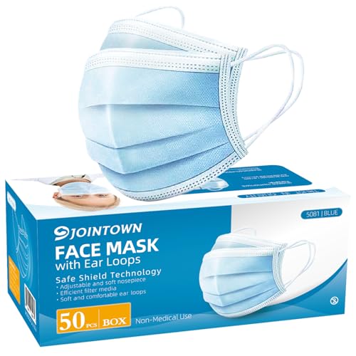 Jointown Disposable Face Mask - 3 Ply Filter Protection Face Masks, 50 Pack Blue