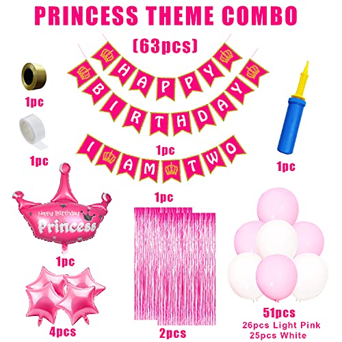 Image of Party Propz Princess theme Birthday decoration kit - Pack of 63pcs 2nd Birthday Decorations for Girls with Pink Balloons for birthday, star balloon (Cardstock,Latex)