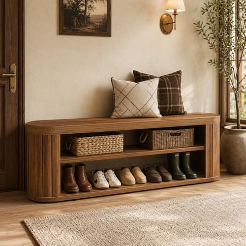 Tribesigns 47.2″ 3-Tier Entryway Bench with Shoe Storage | Farmhouse Wooden Foyer Bench with Adjustable Foot Pads,End of Bed Bench for Hallway, Bedroom, Entryway, Brown