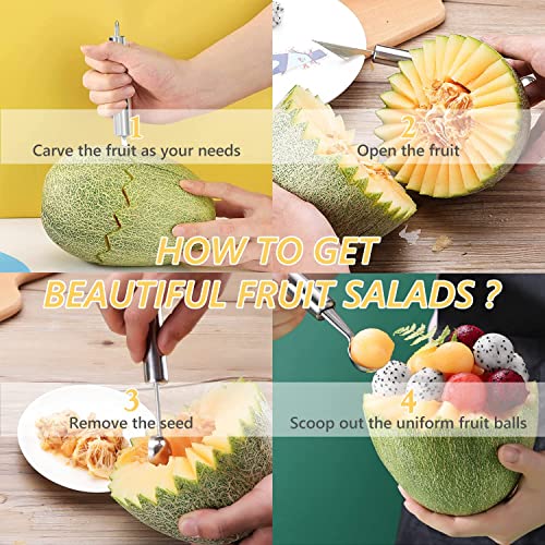 Aolzg Melon Baller Scoop Set 4-Piece, 304 Stainless Steel Different Sizes Round Scoop Small Baller Carving Utensils Tool Set For Fruit, Cantaloupe, Watermelon,Diy, Fruit Spoon Carving Knife #TOP4