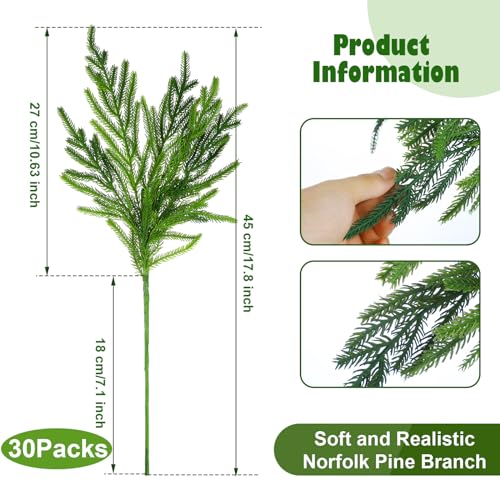 Jutom Christmas Norfolk Pine Branches, Artificial Norfolk Branch Faux Plants Greenery Stem Pine Picks for Christmas Vase DIY Crafts Centerpiece Garland Wreath Home Decor(30 Pcs,18 Inches)