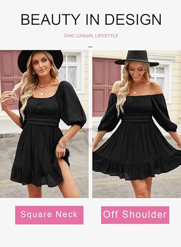 Dokotoo Square Neck Summer Dresses For Women 2023 Fashion Tie Backless Sexy Dresses Lantern Sleeve Black Dresses Ruffle A-Line Casual Dress Elastic Waist Mini Dress Small #TOP1