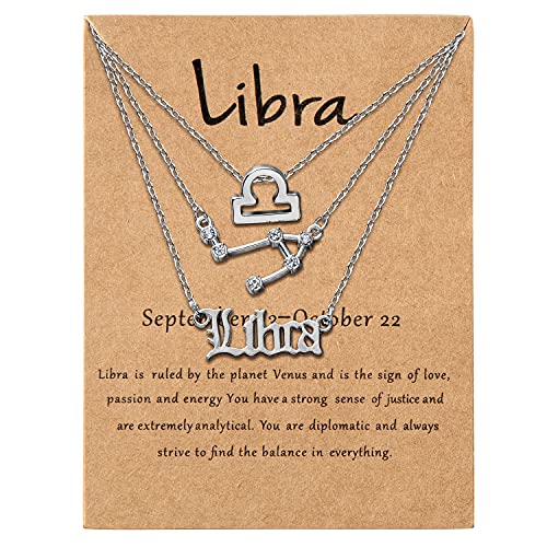 PANTIDE 3Pcs Libra Zodiac Layer Necklaces for Women Retro Sterling Silver Plated 12 Constellation Pendant Exquisite Letter Horoscope Old English Zodiac Sign Necklace for Birthday Gifts(Silver)