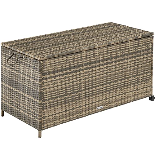 TecTake Coffre de jardin rangement avec cadre en aluminium et roues diverses couleurs (Marron naturel)