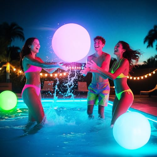 KIRALUMI Pool Toys - 16' Light Up Beach Ball, 2 Pack Glow in The Dark Balls with 8 LED Modes, Pool Games for Adults, Teens and Kids, LED Ball for Outdoor or Indoor Activities