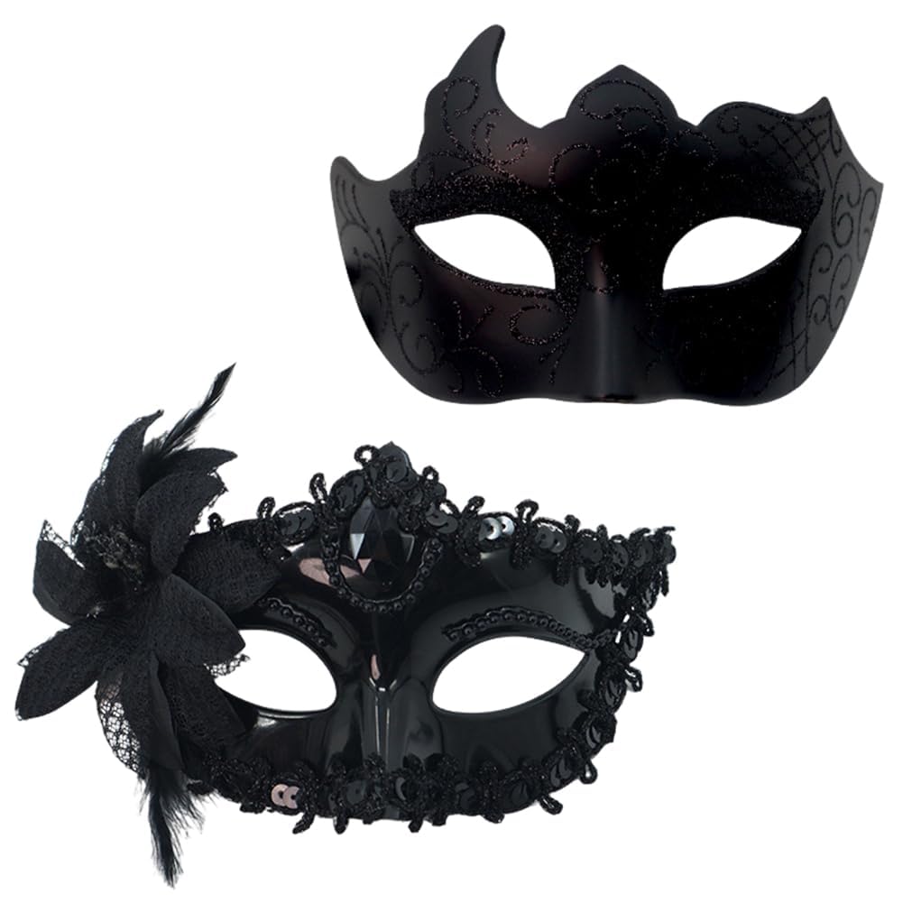 Masquerade Mask Set, 2PCS Venetian Mask for Men Women Masquerade Masks for Couples Party Half Face Carnival Masks Cosplay Costume Masque for Carnival Party,Fancy Dress Ball,Masked Ball(Black)