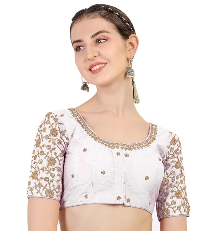 Women's Embroidery Handwork & Thread Work Flower Design Readymade Blouse (White, 38)-image-45
