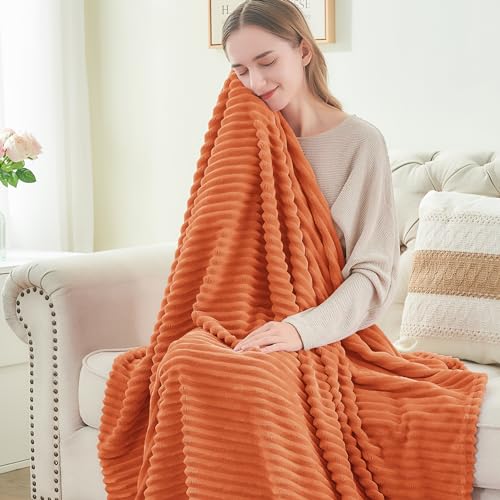 Image of BEDELITE Fall Throw Blanket for Couch - 3D Ribbed Jacquard Soft & Warm Decorative Burnt Orange Blanket, Cozy, Plush, Fluffy, Fuzzy Fleece Throw Blanket for Bed, Sofa 50x60Inches