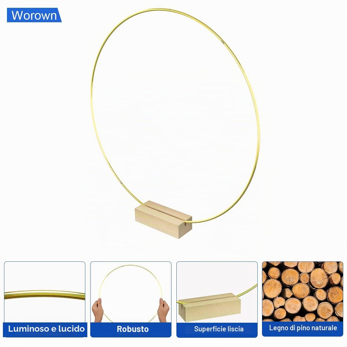Worown 6 Pezzi Centrotavola a Cerchio Floreale in Metallo con 6 Base in Legno per Tavolo, 30 cm Anelli Ghirlanda d'Oro per Realizzare Decorazioni per Ghirlande da Tavolo di Nozze