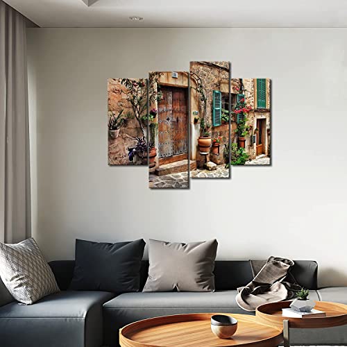 4 Panel Tuscany Wall Art Streets Of Old Mediterranean Towns Flower Door Windows Paintings Print On Canvas Architecture Pictures For Home Decor Modern Artwork #TOP4