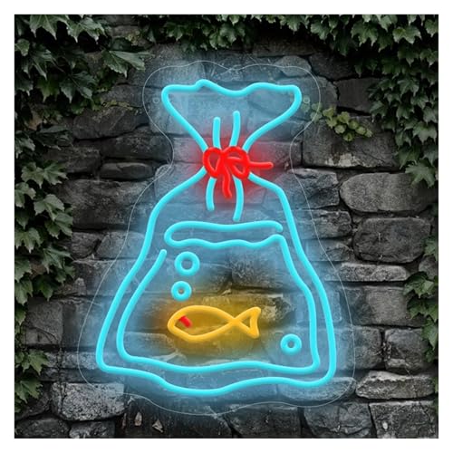 LEMST Luces de neón Letrero De Neón Pescado En Bolsa Para Dormitorio, Sala De Juegos, Bar, Supermercado, Pescadería Pequeña, Decoración De Pared 46x36cm