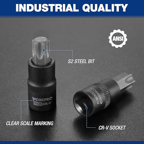 Image of WORKPRO Torx Bit Set, 25-Piece E4-E22, T8-T60, External Torx Socket Set | 1 /4 inch, 3 /8 inch, 1 /2 inch Drive Bits, E4-E22 e Socket Set, T8-T60 Torx Socket Set, S2 Steel Bits, CR-V Sockets, Storage Case