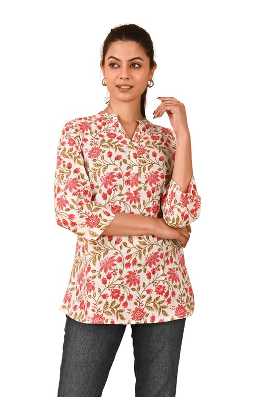 Pepe Jeans Latest Printed Women Short Kurti Pure Cotton Stylish Mandarin Collar Kurta Tunic Jeans Tops Casual Office Wear in multi