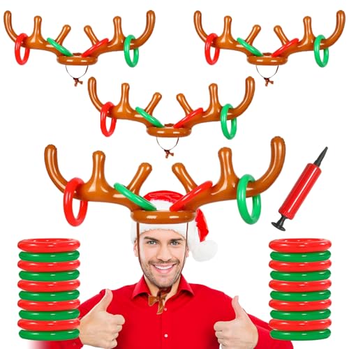 4 Set Inflatable Reindeer Antler Ring Toss Game for Xmas Party 2025 Christmas Antler Hat Ring Toss Game for Kids Adults Family Indoor Outdoor Reindeer Toss Game (4 Antlers 16 Rings 1 Pump)