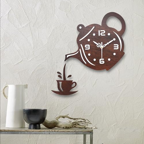 Image of Designer Wooden Wall Clock | Unique Teapot Shape Wall Clock for Home, Kitchen, Living Room & Office | Decorative Modern Acrylic Wall Clock (Dark Woode)