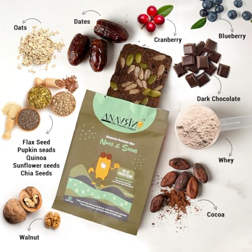 Image of ANAVRIN Choco Nuts & Seed Protein Bar - 15g Protein, 4g Fibre in each Bar (6 Bars x 50gm) No Added Sugar, No Soy, No Preservatives Gluten Free High Protein Energy Bar, Healthy Snack