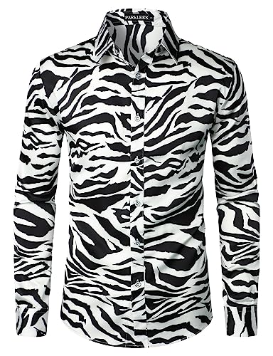 PARKLEES Chemises pour homme Hipster en soie imprimée, coupe ajustée, manches longues, boutonnées en satin, M