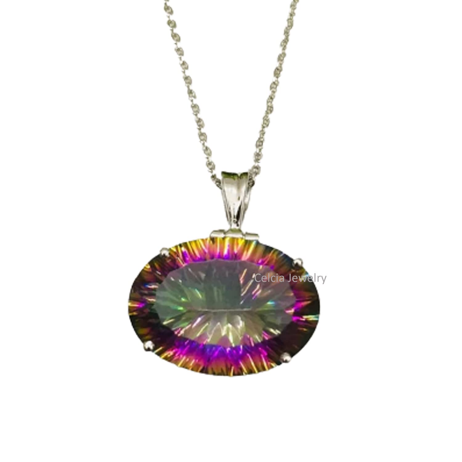 Collar de plata de ley 925 auténtica para mujer, collar hecho a mano único con piedras preciosas ovaladas facetadas de topacio místico genuino para ella
