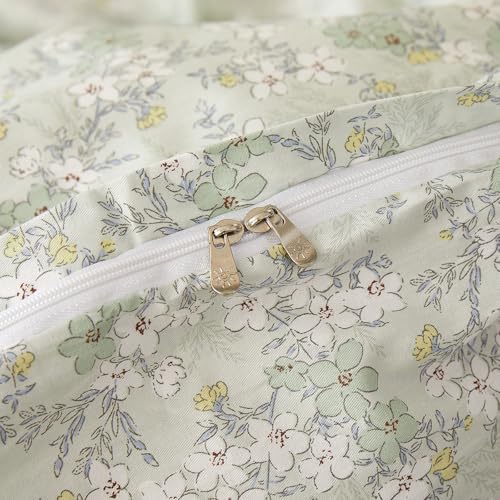 Image of VM VOUGEMARKET Twin Duvet Cover Set with Green Flower Pattern,Pure Cotton Bedding Set Vintage Floral Prints Comforter Cover Conquette Cottagecore Bedding for Teen Girls