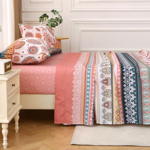 Image of MUXHOMO Queen Size 4 Piece Sheet Set, Soft & Breathable Sheet for Bedroom with Deep Pocket Up to 16 inch, Wrinkle-Free & Cooling Bed Sheet with Flat Sheet, Fitted Sheet & Pillowcases - Bohemian Flowers