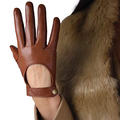 Brown leather driving gloves with an open back and touchscreen fingertip