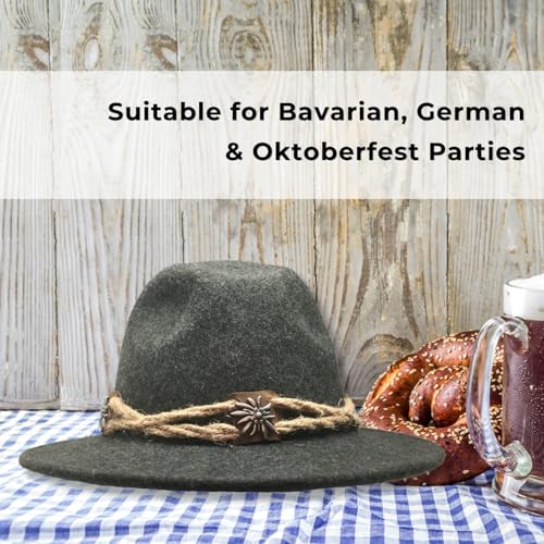 Image of German Oktoberfest Hat - 100% Wool Alpine Tyrolean Fedora with Edelweiss Pin & Rope - Charcoal Bavarian Hat for Men & Women