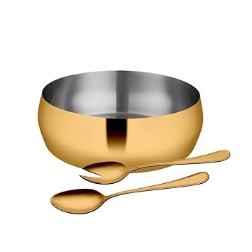 Shri & Sam Stainless Steel High Grade Stainless Steel 3 Pieces Salad Bowl with Gold PVD Coating for Salad Serving,2 Pieces Serving Spoon and 1 PC Salad Bowl 22 cm