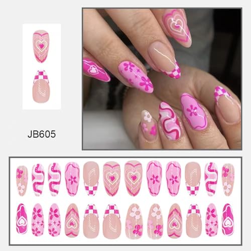 Image of Pink Press on Nails Flower Fake Nails Medium Almond False Nails with Heart Design French Tip Glue on Nails Glossy Artificial Acrylic Nail Full Cover Nude Stick on Nails for Women Manicure 24Pcs