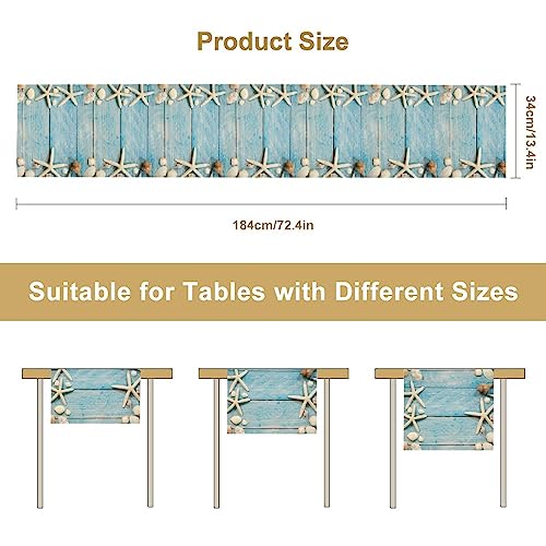 Image of Summer Beach Table Runner Dresser Scarves Beach Theme Cotton Linen Seashells Starfish Blue Rustic Wood Table Setting Decor for Wedding Party Holiday Dinner Home 13x72 inch