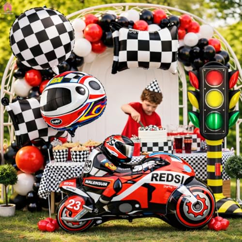 Image of Party Warehouse Racing Bike Theme Birthday Decoration Combo Set with standee Traffic Signal Prop|Motorbike Foil Balloon with Helmet, Tyre & Checkered Flag Balloon|Bikers & kids /adults party decor-36pc