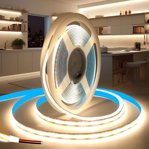 KSIBNW LED Strip Light COB 12V, 5M Natural White 4000K Led Strip Lights 5mm Width LED Tape Lights Flexible CRI90+ Uniform Dotless for Bedroom Cabinet Kitchen Decoration (No Power Supply)