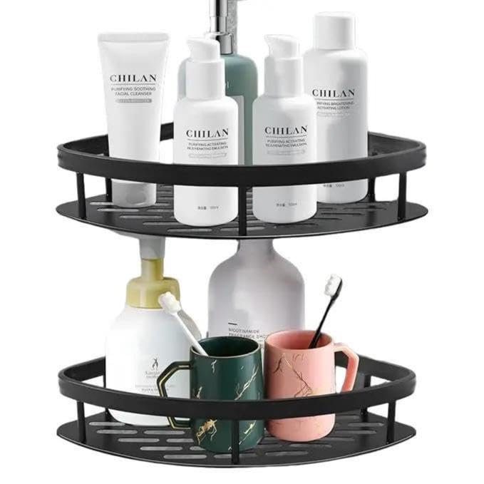 Étagère d'angle de douche noir mat et organisateur de salle de bain mural adhésif pour cosmétiques