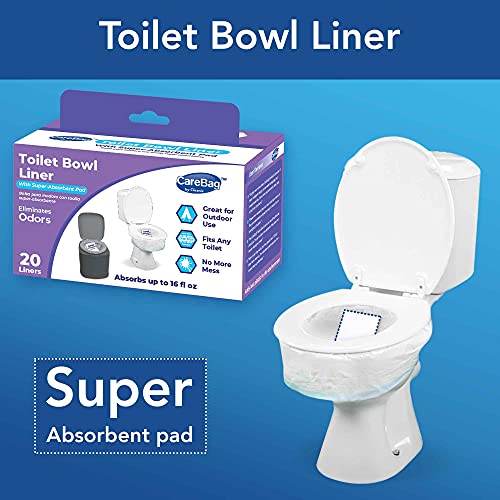 Image of Carebag Toilet Bowl Liners With Absorbent Pad - 20 Count Leak Resistant Medical-Grade Liners -Fits Any Indoor & Outdoor Toilet - Eliminates Odors- Disposable Toilet Bags - By Cleanis
