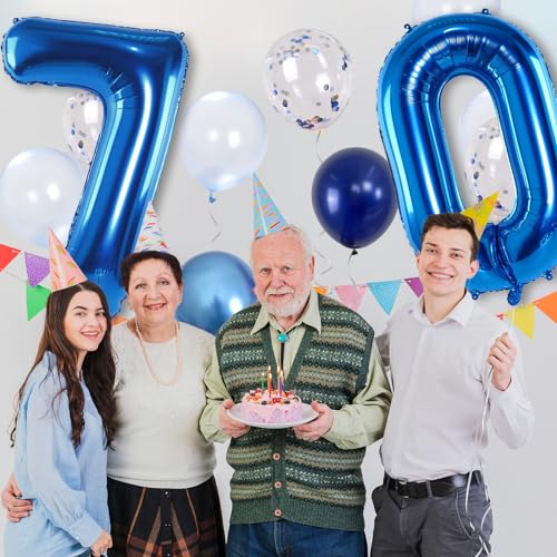 Image of Giant Number Foil Balloon 70, Dark Blue Self Inflating 70th Birthday Balloon for Men, 40'' 70 Balloon Light Navy Blue with Metallic Silver Confetti Balloon for Anniversary Party Decorations Supplies