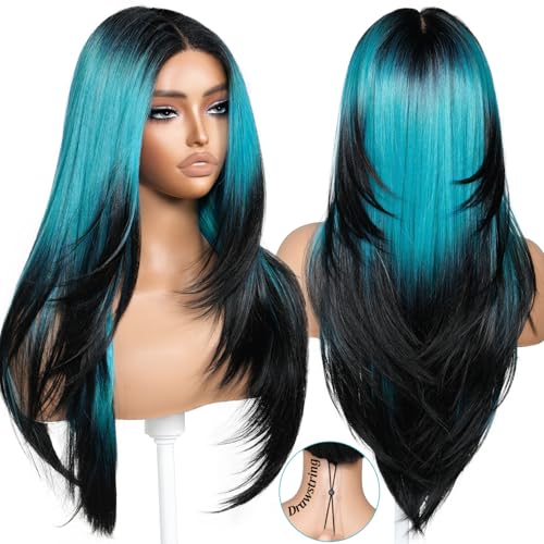 BrownBomb Ombre Teal Black Face Framing Layered Wig Pre-Cut Pre-Plucked Hairline Pre-Colored Pre-Styled Synthetic Lace Wig Ready to Wear 26inch Wig for Beginners