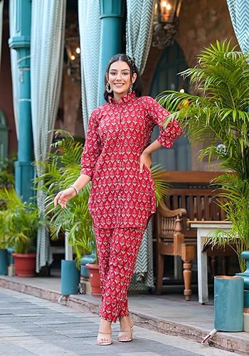 Image of Leriya Fashion Co Ord Set for Women Stylish | Ethnic Short Kurti for Women | Stylish Summer Printed Cotton Kurta Sets for Woman | A-Line Dress for Woman | 3 /4 Sleeve Top with Relaxed Fit Pant