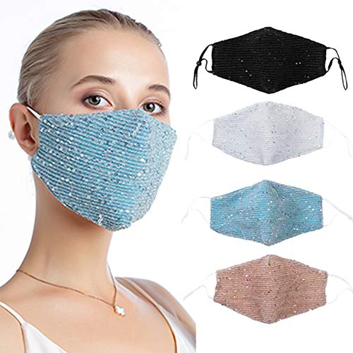Image of Sparkly Sequins Mouth Masc Fashion Designer Glitter Cotton Face Cover With Adjustable Ear Loops Reusable Masquerade Party Nightclub Rave Festival Sequins Face Covering (Light Blue)