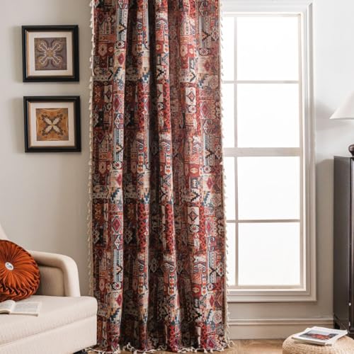 Tokusyou - Cortinas bohemias vintage opacas, cortinas étnicas boho geométricas de aspecto liso, cortina roja de jacquard de algodón con borla, bolsillo con varilla para dormitorio, cocina, juego de 1