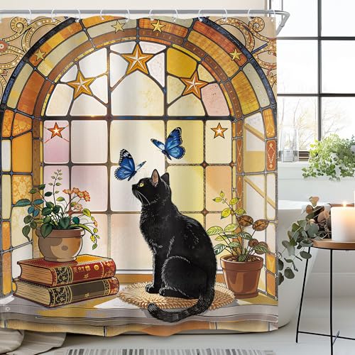 Funny Black Cat Cute Lover Cartoon Animal Glass Bathroom Shower Curtain Set